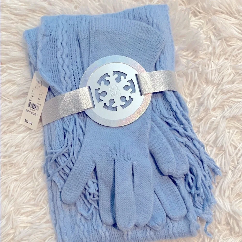 NWT New York & Company Light Blue Scarf and Gloves Set